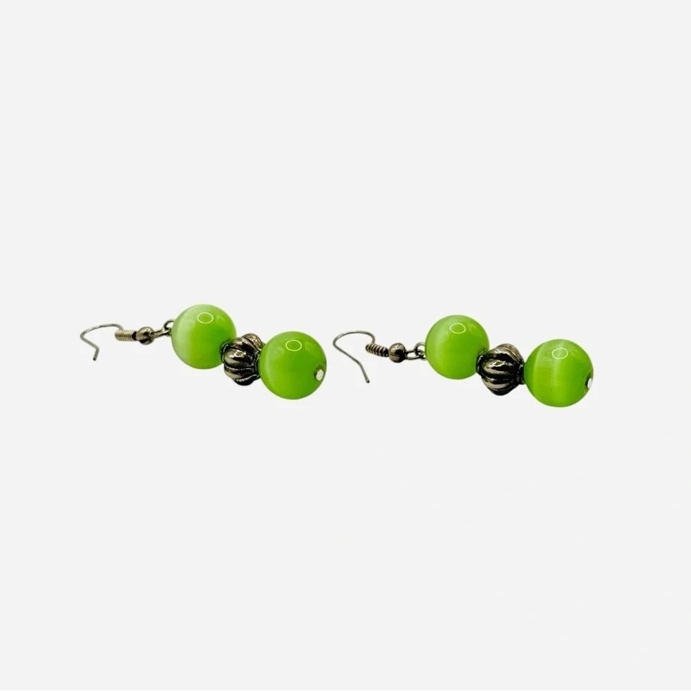 Green Cat’s Eye Dangle Earrings | Antique Bronze Beads | Boho Minimalist Style